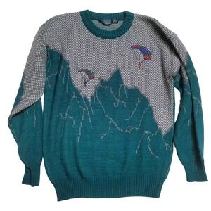 VTG 60s PLAYBOY Mountains Parachute Sweater Men Large Acrylic Teal *VERY RARE*
